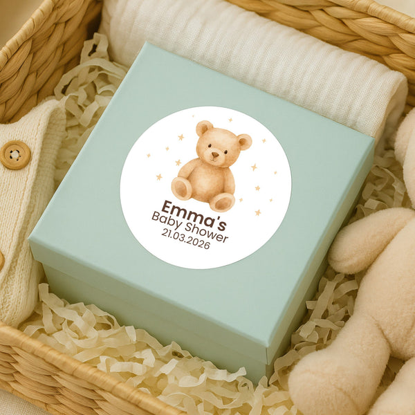 Personalised Teddy Bear Baby Shower Stickers – Neutral Beige Watercolour Favour Labels