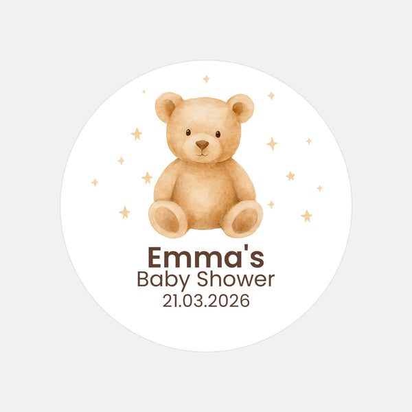 Personalised Teddy Bear Baby Shower Stickers – Neutral Beige Watercolour Favour Labels