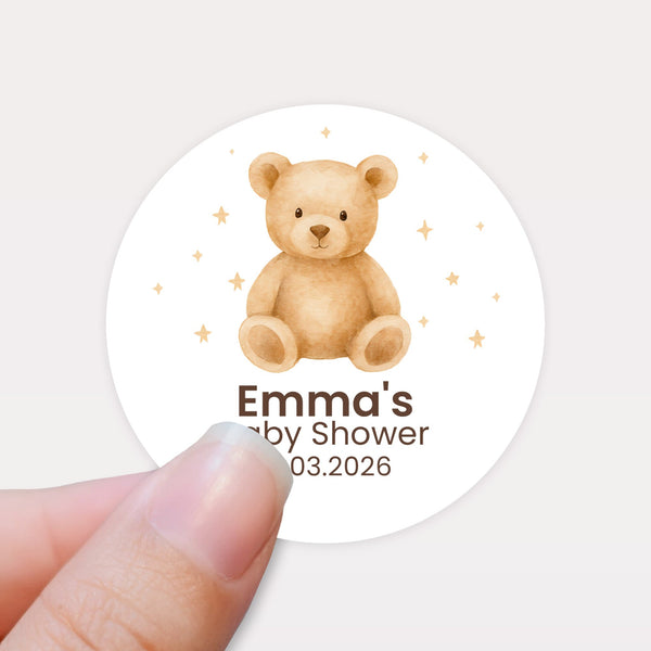 Personalised Teddy Bear Baby Shower Stickers – Neutral Beige Watercolour Favour Labels