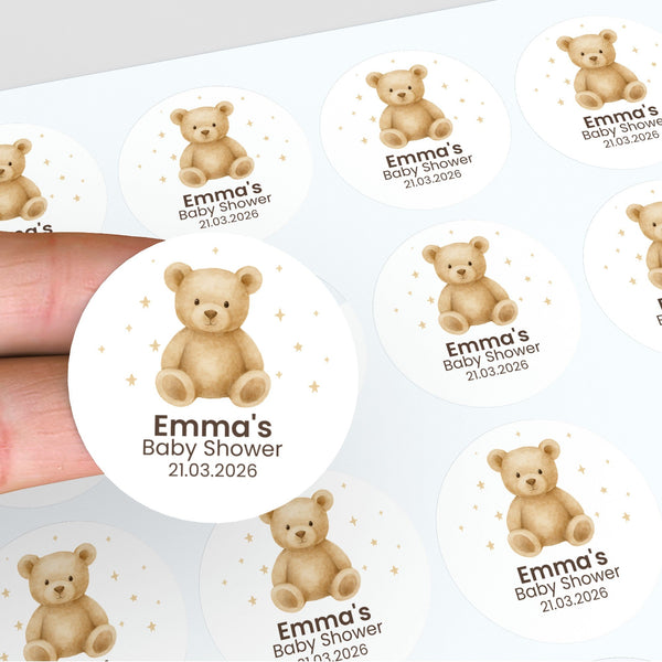 Personalised Teddy Bear Baby Shower Stickers – Neutral Beige Watercolour Favour Labels