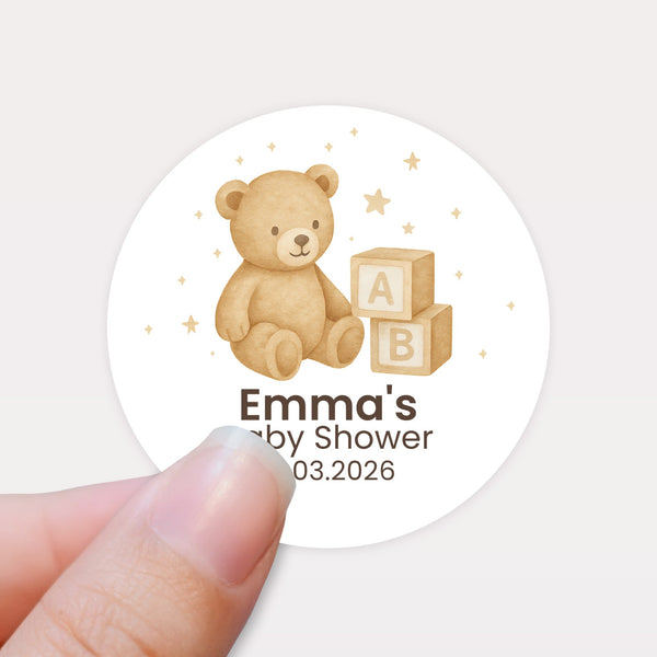 Personalised Teddy Bear Baby Shower Stickers with ABC Blocks – Neutral Beige Watercolour Favour Labels