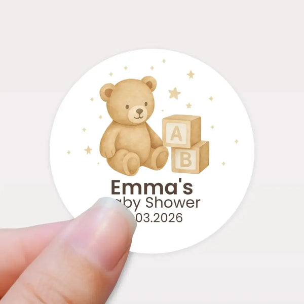 Personalised Teddy Bear Baby Shower Stickers with ABC Blocks – Neutral Beige Watercolour Favour Labels - Sticksy Prints Australia