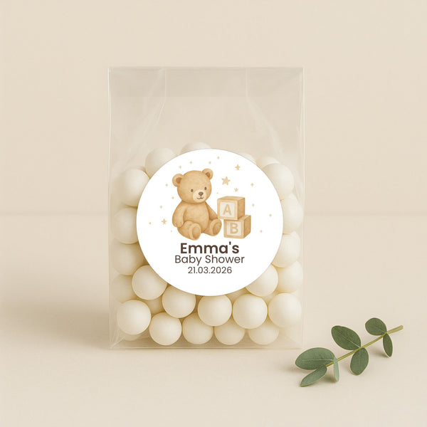 Personalised Teddy Bear Baby Shower Stickers with ABC Blocks – Neutral Beige Watercolour Favour Labels
