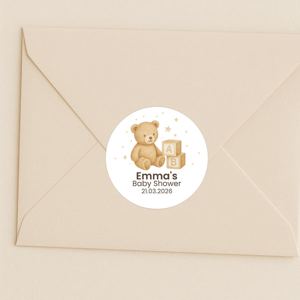 Personalised Teddy Bear Baby Shower Stickers with ABC Blocks – Neutral Beige Watercolour Favour Labels