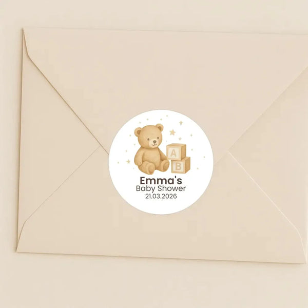 Personalised Teddy Bear Baby Shower Stickers with ABC Blocks – Neutral Beige Watercolour Favour Labels - Sticksy Prints Australia