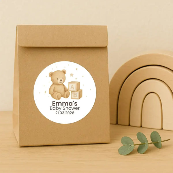 Personalised Teddy Bear Baby Shower Stickers with ABC Blocks – Neutral Beige Watercolour Favour Labels - Sticksy Prints Australia