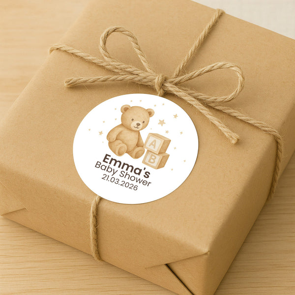 Personalised Teddy Bear Baby Shower Stickers with ABC Blocks – Neutral Beige Watercolour Favour Labels