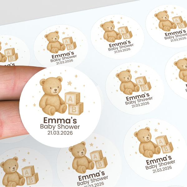 Personalised Teddy Bear Baby Shower Stickers with ABC Blocks – Neutral Beige Watercolour Favour Labels