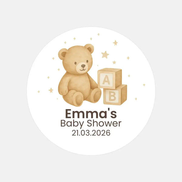 Personalised Teddy Bear Baby Shower Stickers with ABC Blocks – Neutral Beige Watercolour Favour Labels - Sticksy Prints Australia