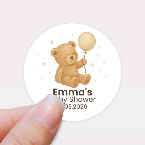 Personalised Teddy Bear Baby Shower Stickers with Balloon – Neutral Beige Watercolour Favour Labels