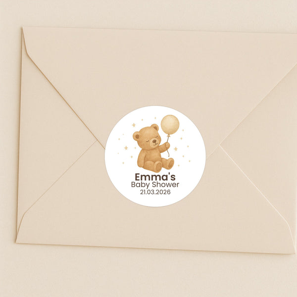 Personalised Teddy Bear Baby Shower Stickers with Balloon – Neutral Beige Watercolour Favour Labels