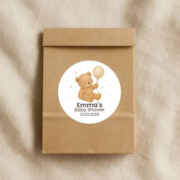 Personalised Teddy Bear Baby Shower Stickers with Balloon – Neutral Beige Watercolour Favour Labels