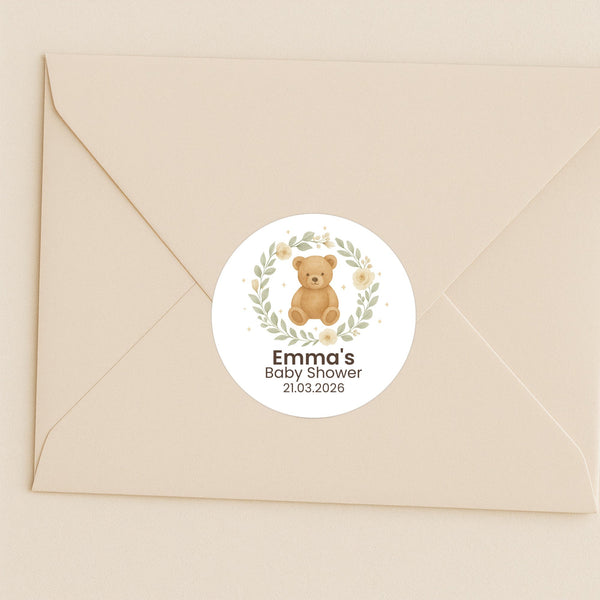 Personalised Teddy Bear Baby Shower Stickers with Floral Greenery Wreath – Neutral Watercolour Favour Labels