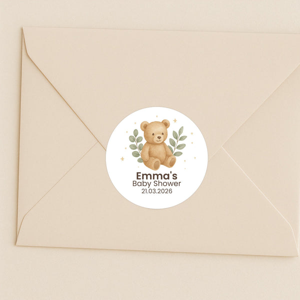 Personalised Teddy Bear Baby Shower Stickers with Greenery – Neutral Watercolour Favour Labels