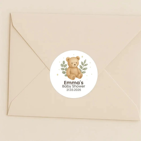 Personalised Teddy Bear Baby Shower Stickers with Greenery – Neutral Watercolour Favour Labels - Sticksy Prints Australia