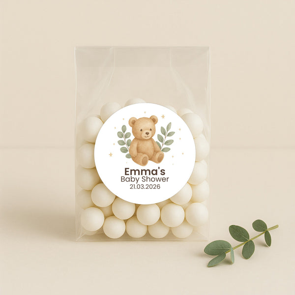Personalised Teddy Bear Baby Shower Stickers with Greenery – Neutral Watercolour Favour Labels
