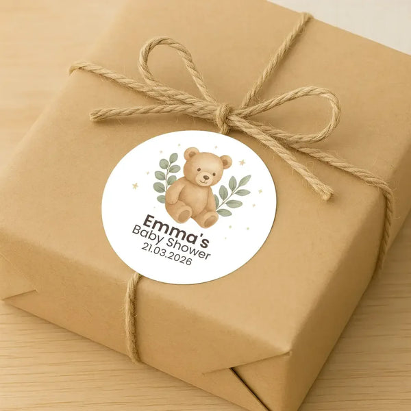 Personalised Teddy Bear Baby Shower Stickers with Greenery – Neutral Watercolour Favour Labels - Sticksy Prints Australia