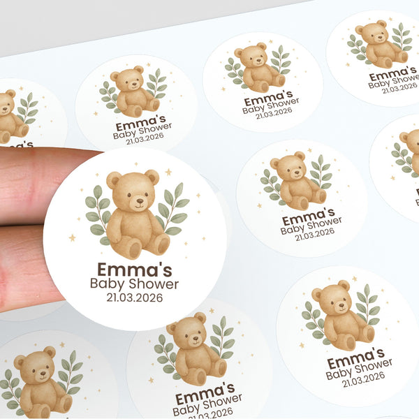 Personalised Teddy Bear Baby Shower Stickers with Greenery – Neutral Watercolour Favour Labels