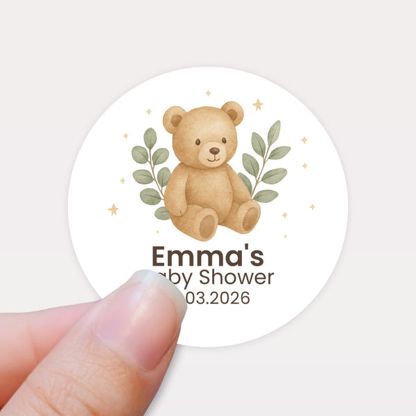 Personalised Teddy Bear Baby Shower Stickers with Greenery – Neutral Watercolour Favour Labels