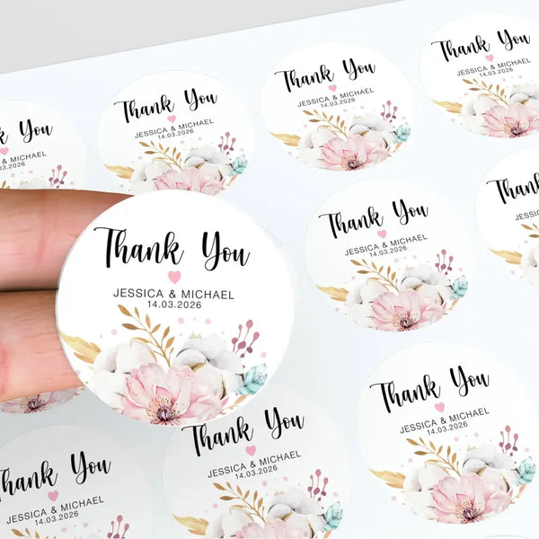 Personalised Thank You Wedding Stickers – Blush Floral Design - Sticksy Prints Australia