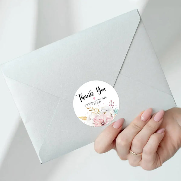 Personalised Thank You Wedding Stickers – Blush Floral Design - Sticksy Prints Australia