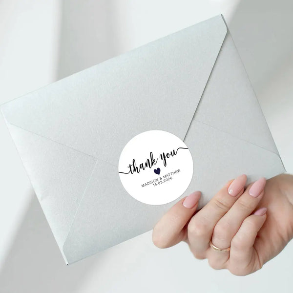 Personalised Thank You Wedding Stickers – Classic Script with Navy Heart
