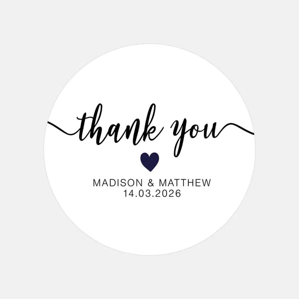 Personalised Thank You Wedding Stickers – Classic Script with Navy Heart