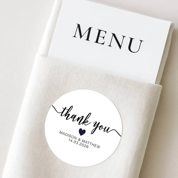 Personalised Thank You Wedding Stickers – Classic Script with Navy Heart