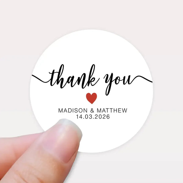 Personalised Thank You Wedding Stickers – Classic Script with Red Heart - Sticksy Prints Australia