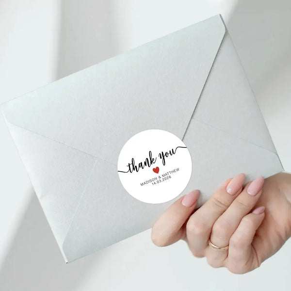Personalised Thank You Wedding Stickers – Classic Script with Red Heart - Sticksy Prints Australia