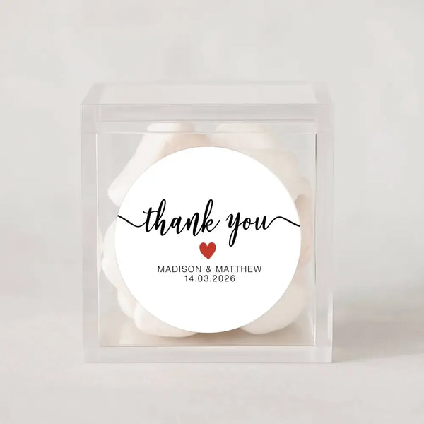 Personalised Thank You Wedding Stickers – Classic Script with Red Heart - Sticksy Prints Australia
