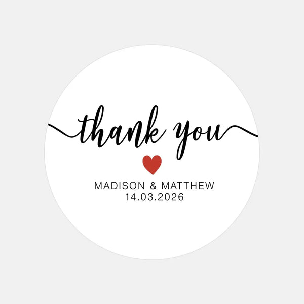 Personalised Thank You Wedding Stickers – Classic Script with Red Heart