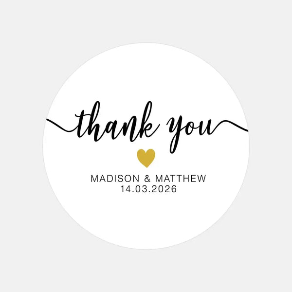 Personalised Thank You Wedding Stickers – Elegant Script with Gold Heart - Sticksy Prints Australia