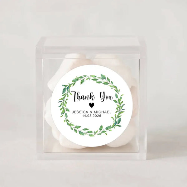 Personalised Thank You Wedding Stickers – Green Leaf Wreath Design - Sticksy Prints Australia