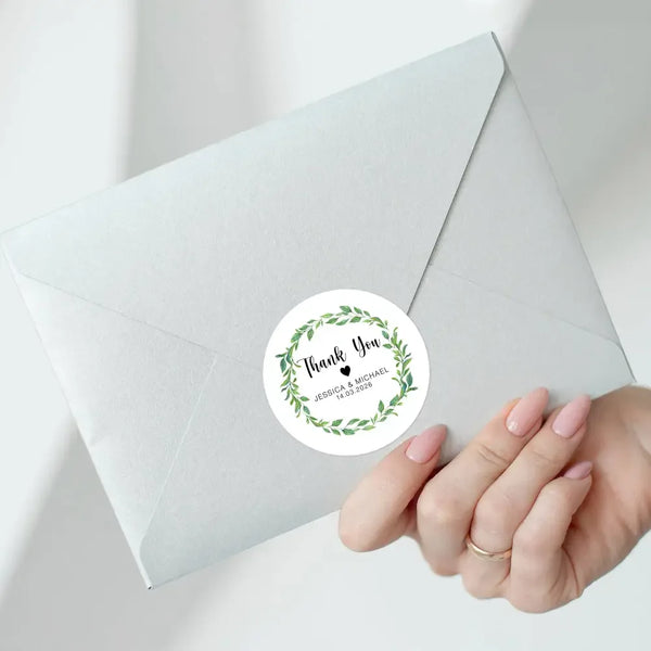 Personalised Thank You Wedding Stickers – Green Leaf Wreath Design - Sticksy Prints Australia