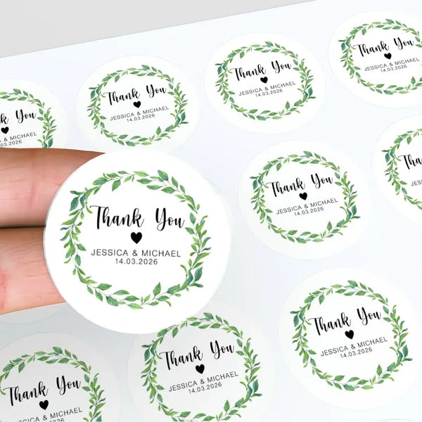 Personalised Thank You Wedding Stickers – Green Leaf Wreath Design - Sticksy Prints Australia