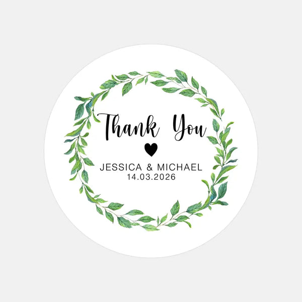 Personalised Thank You Wedding Stickers – Green Leaf Wreath Design