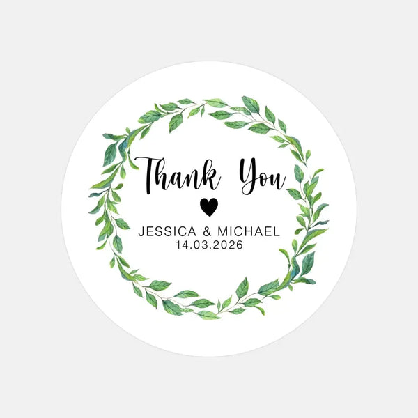 Personalised Thank You Wedding Stickers – Green Leaf Wreath Design - Sticksy Prints Australia