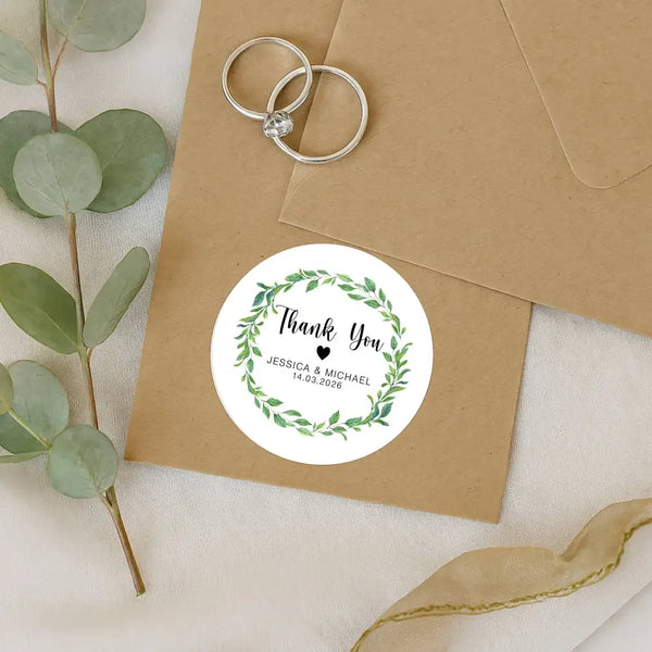 Personalised Thank You Wedding Stickers – Green Leaf Wreath Design - Sticksy Prints Australia