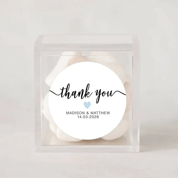 Personalised Thank You Wedding Stickers – Modern Script with Blue Heart - Sticksy Prints Australia