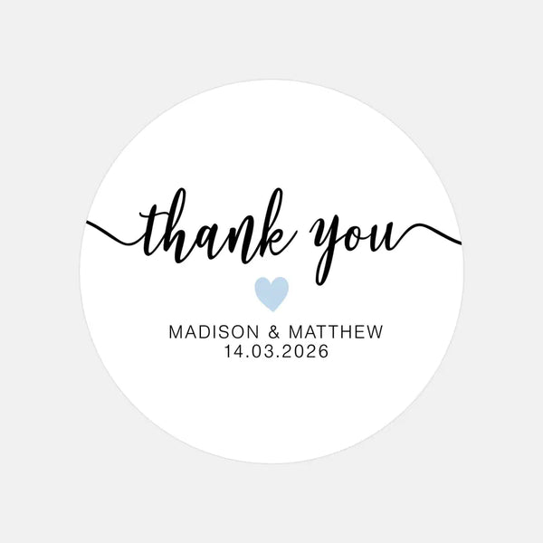 Personalised Thank You Wedding Stickers – Modern Script with Blue Heart