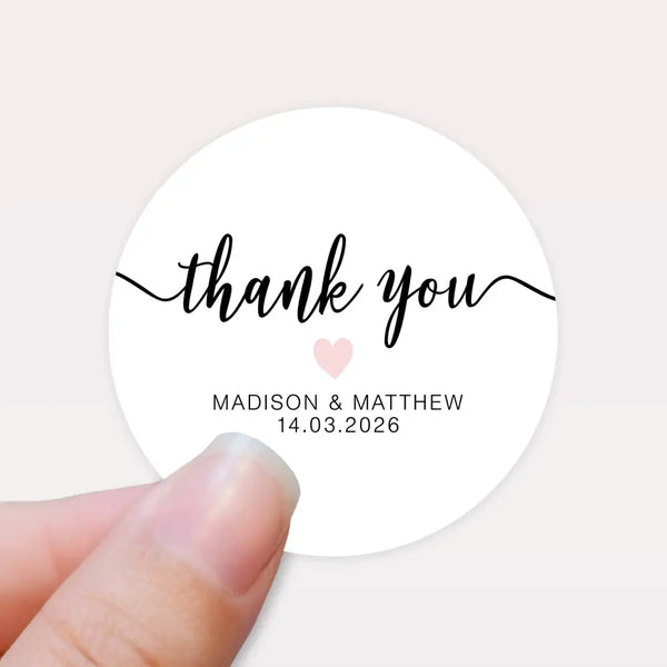 Personalised Thank You Wedding Stickers – Modern Script with Blush Pink Heart