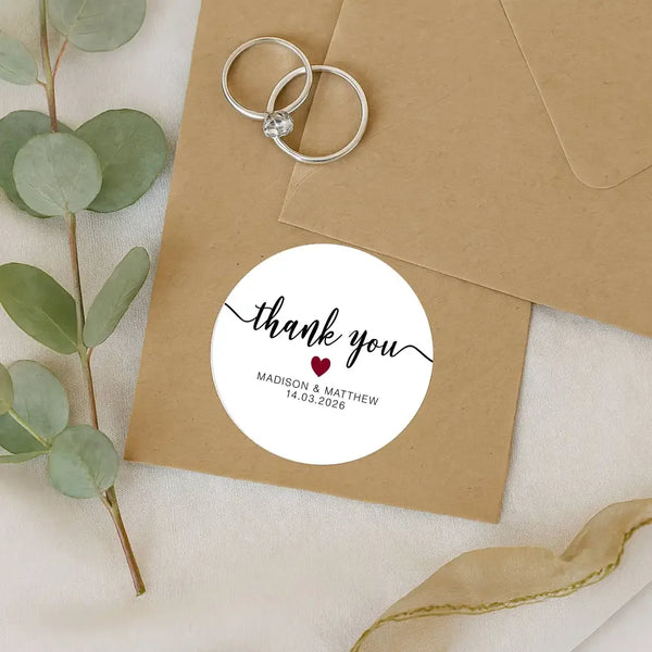 Personalised Thank You Wedding Stickers – Modern Script with Burgundy Heart - Sticksy Prints Australia