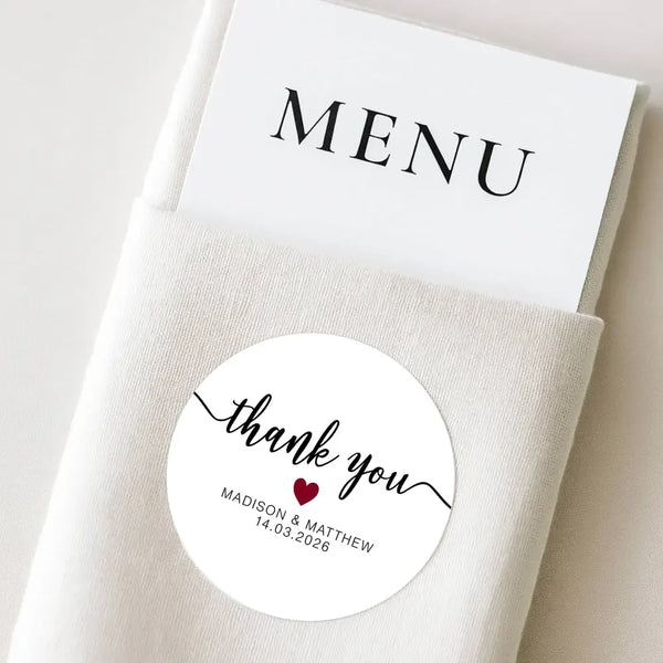 Personalised Thank You Wedding Stickers – Modern Script with Burgundy Heart - Sticksy Prints Australia