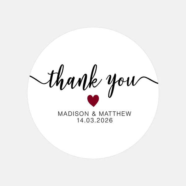 Personalised Thank You Wedding Stickers – Modern Script with Burgundy Heart