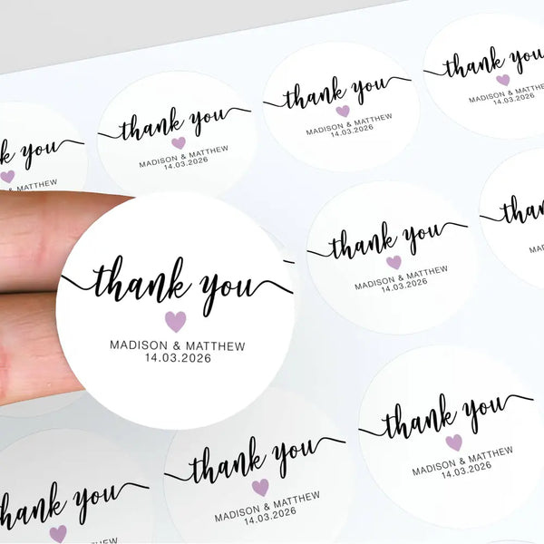 Personalised Thank You Wedding Stickers – Modern Script with Lilac Heart