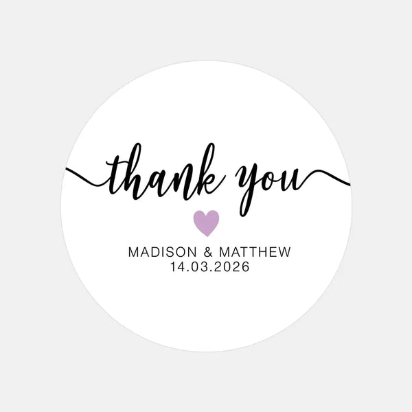 Personalised Thank You Wedding Stickers – Modern Script with Lilac Heart