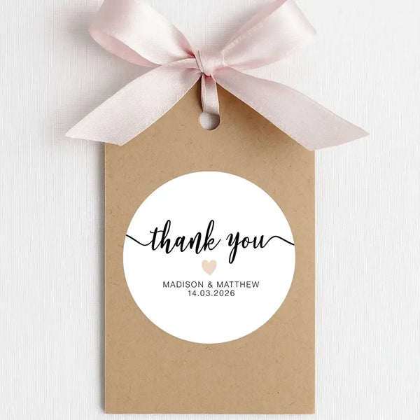Personalised Thank You Wedding Stickers – Modern Script with Nude Heart - Sticksy Prints Australia