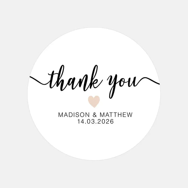 Personalised Thank You Wedding Stickers – Modern Script with Nude Heart - Sticksy Prints Australia