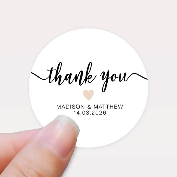 Personalised Thank You Wedding Stickers – Modern Script with Nude Heart - Sticksy Prints Australia